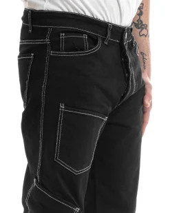 Pantaloni Uomo Lungo Cargo Jeans Nero Tasche Straight Fit GIOSAL-P5662A