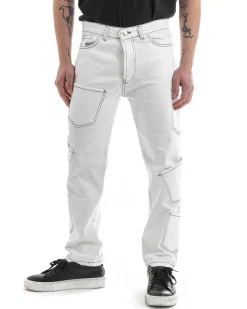 Pantaloni Uomo Lungo Cargo Jeans Bianco Tasche Straight Fit GIOSAL-P5661A
