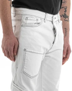Pantaloni Uomo Lungo Cargo Jeans Bianco Tasche Straight Fit GIOSAL-P5661A