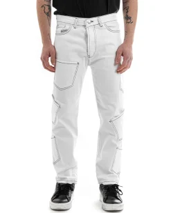 Pantaloni Uomo Lungo Cargo Jeans Bianco Tasche Straight Fit GIOSAL-P5661A
