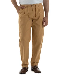 Pantaloni uomo pantalaccio chino lino elastico sul retro camel BERNA M-261237