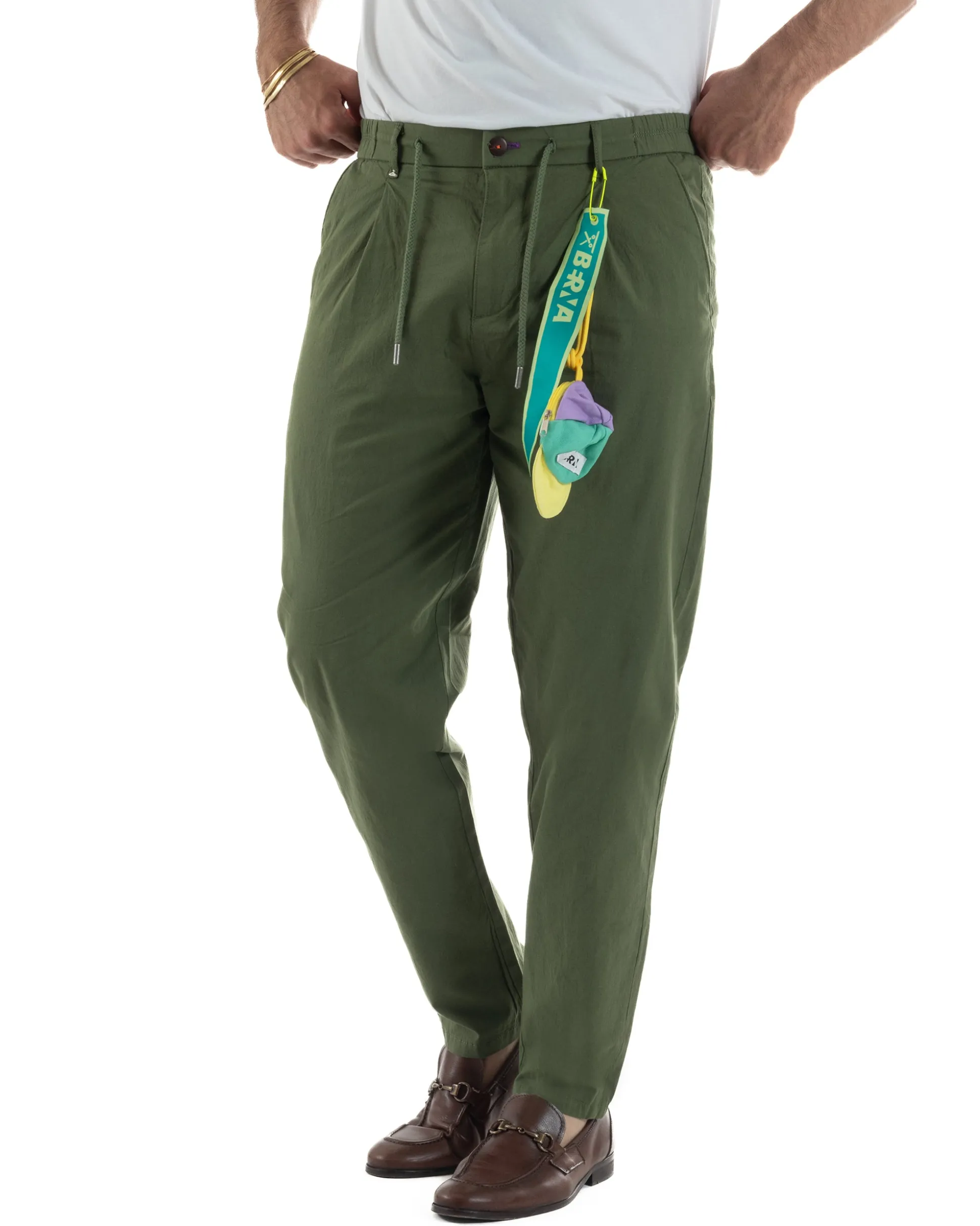 Pantaloni uomo pantalaccio chino lino elastico sul retro verde militare BERNA M-261237