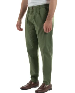 Pantaloni uomo pantalaccio chino lino elastico sul retro verde militare BERNA M-261237