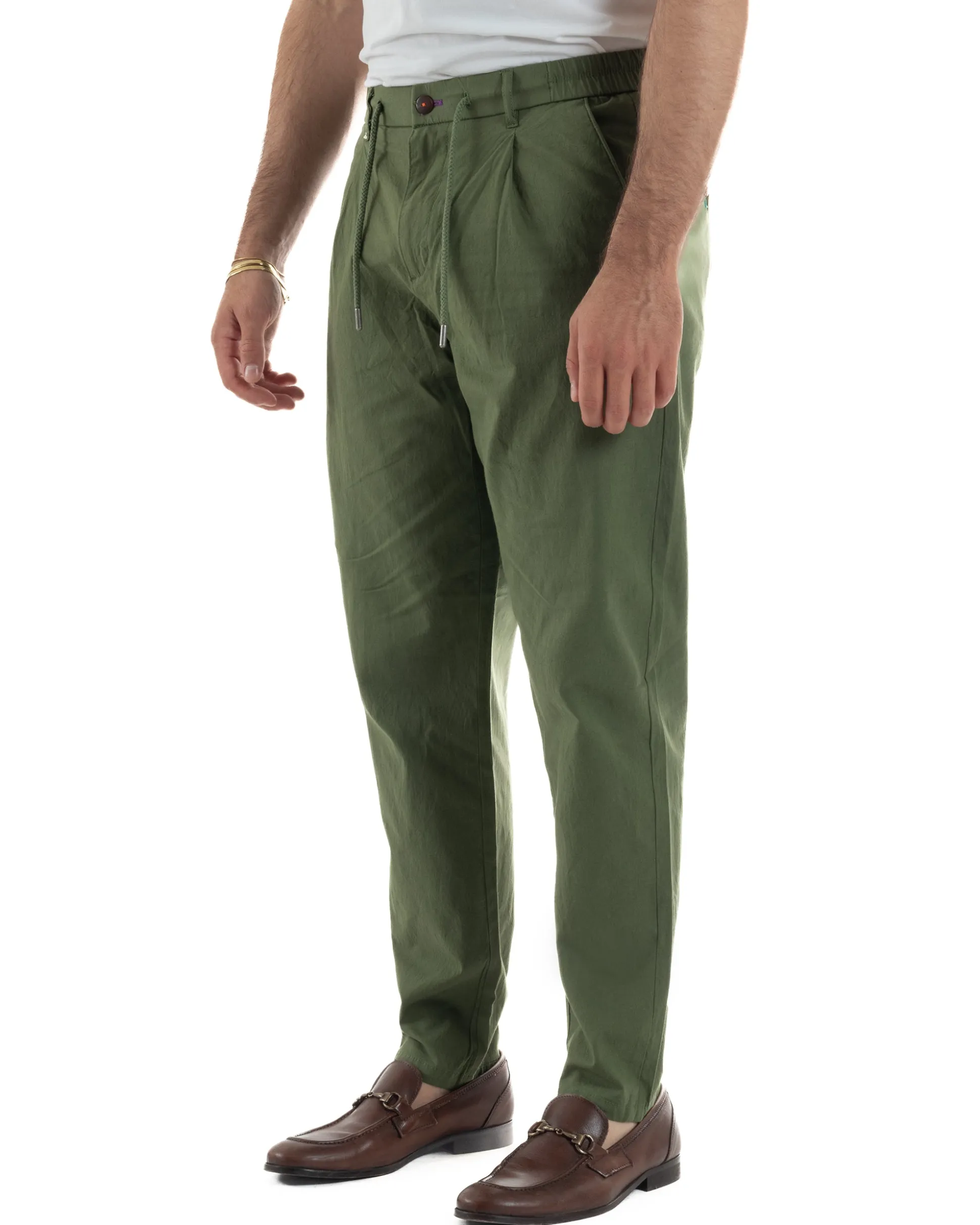 Pantaloni uomo pantalaccio chino lino elastico sul retro verde militare BERNA M-261237