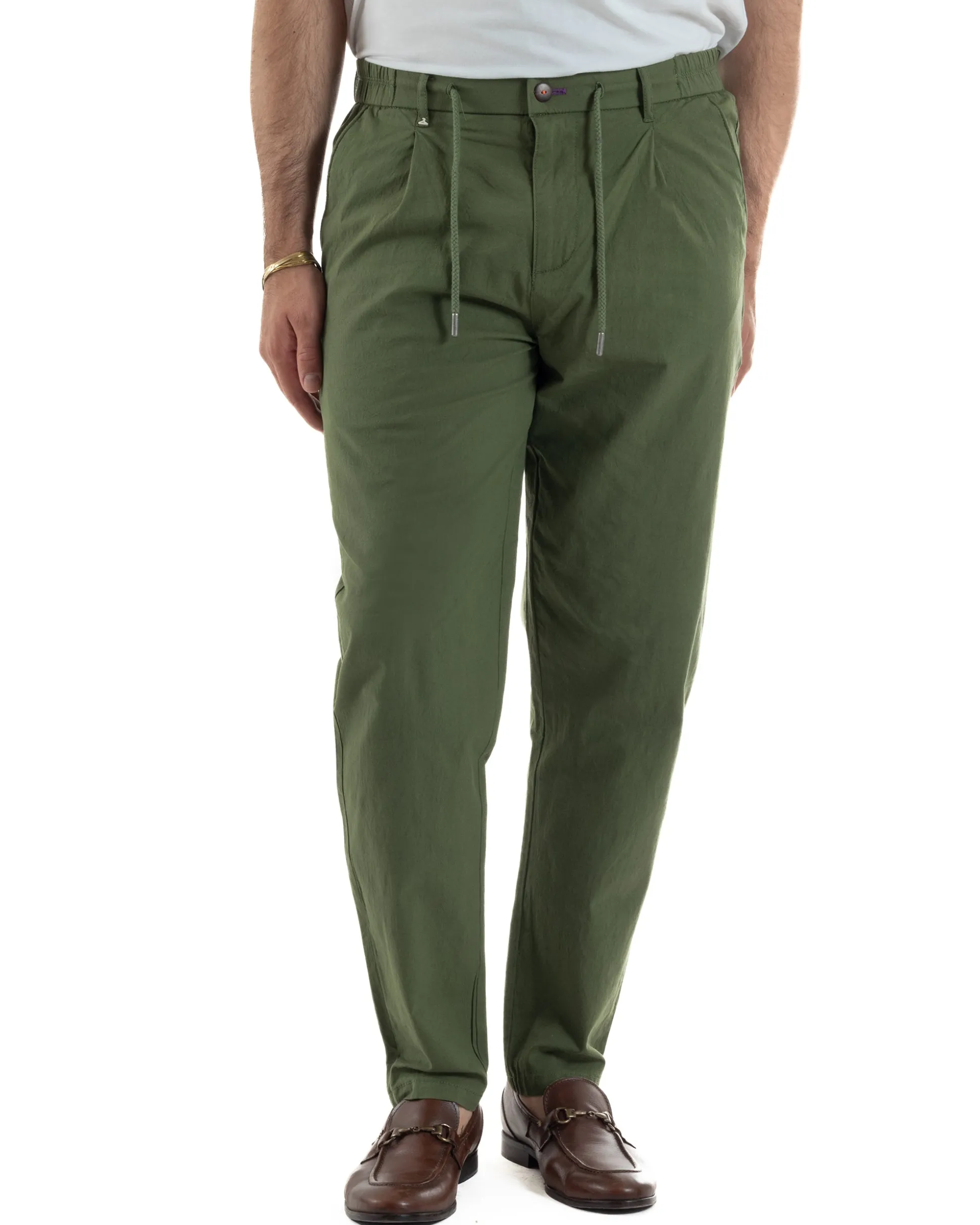 Pantaloni uomo pantalaccio chino lino elastico sul retro verde militare BERNA M-261237