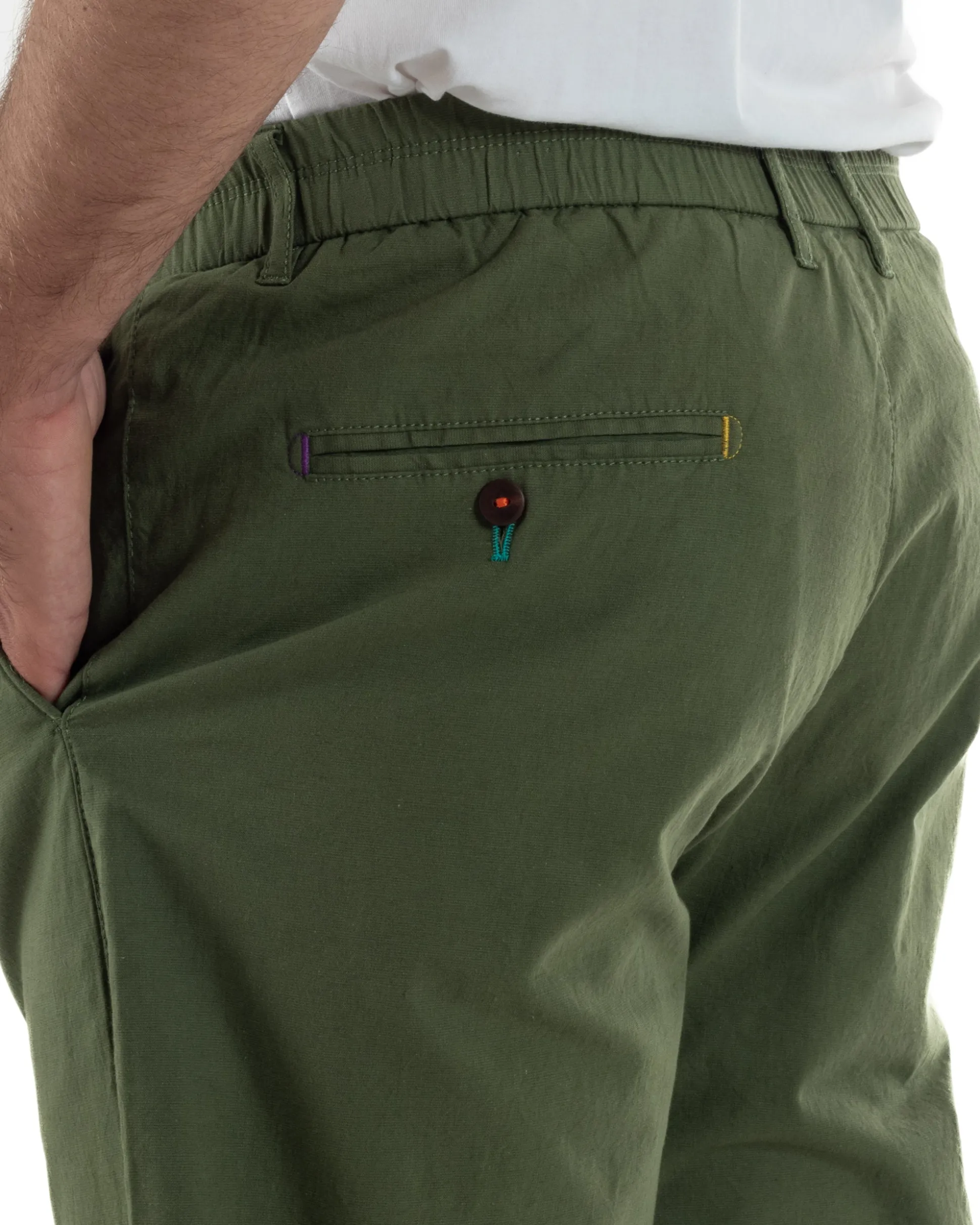 Pantaloni uomo pantalaccio chino lino elastico sul retro verde militare BERNA M-261237