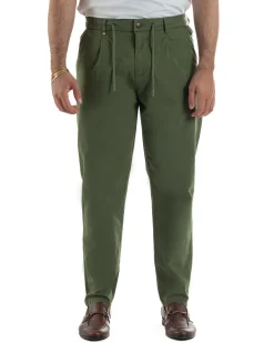 Pantaloni uomo pantalaccio chino lino elastico sul retro verde militare BERNA M-261237