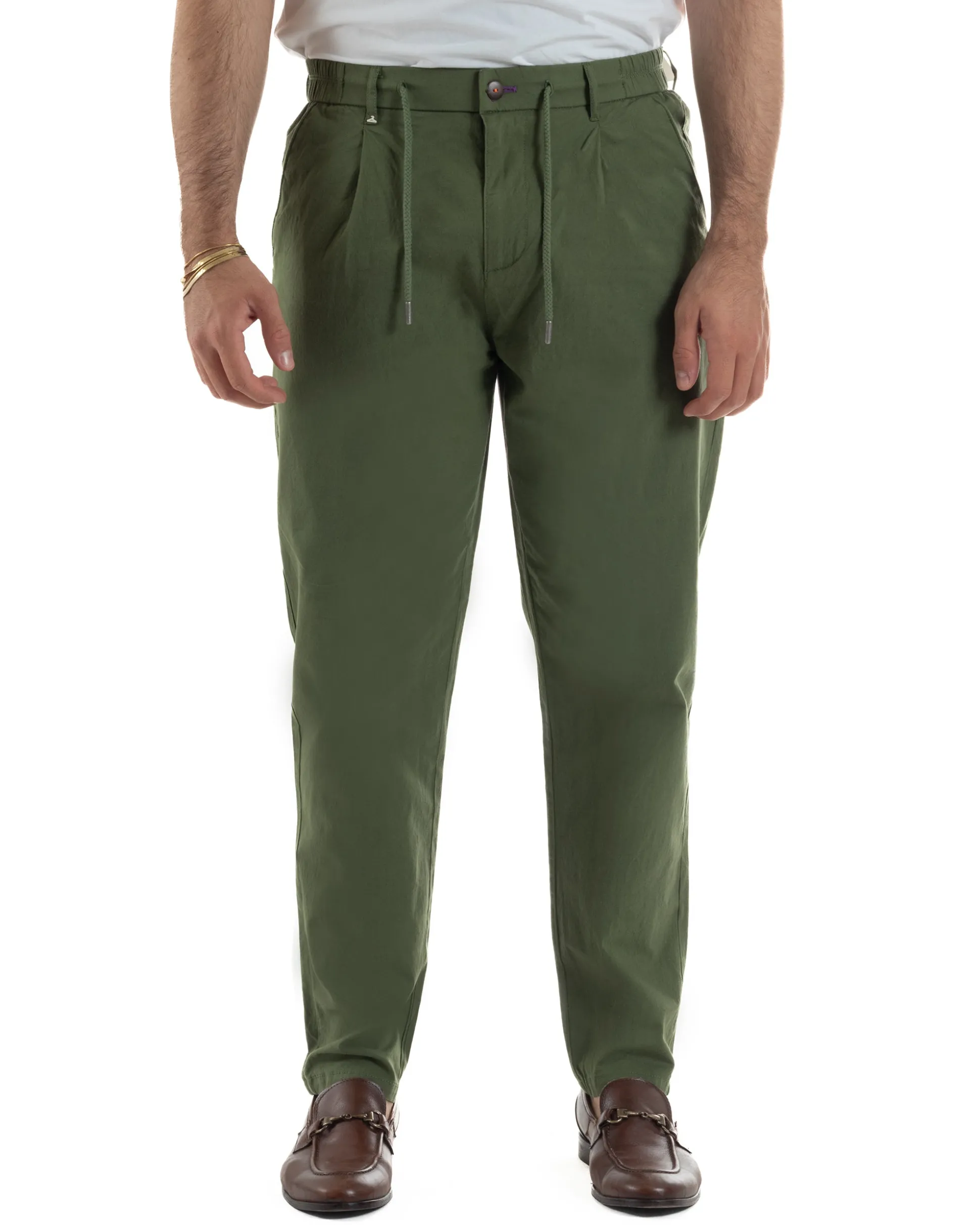 Pantaloni uomo pantalaccio chino lino elastico sul retro verde militare BERNA M-261237