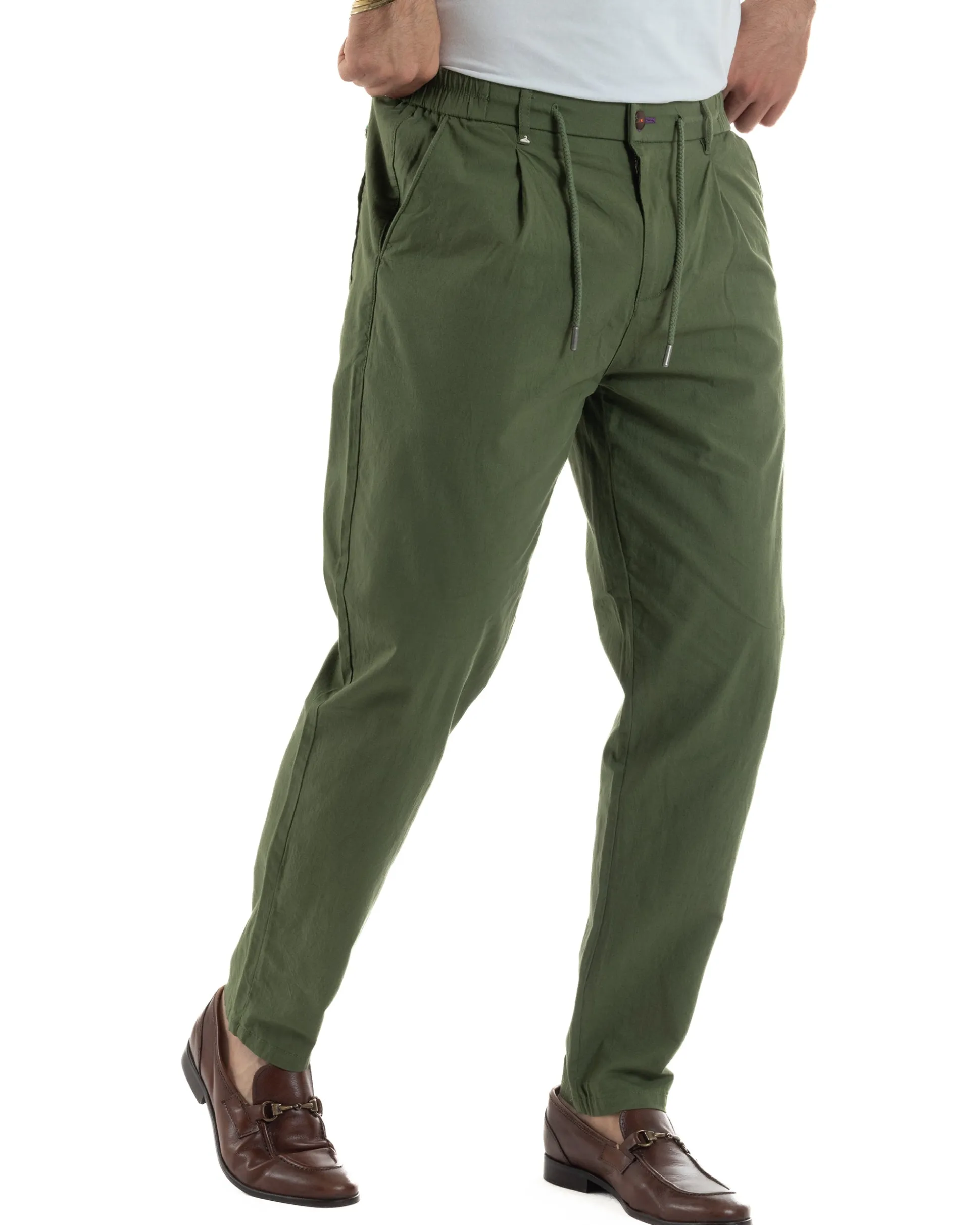 Pantaloni uomo pantalaccio chino lino elastico sul retro verde militare BERNA M-261237