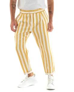 Pantaloni Uomo Pantalaccio Cotone Viscosa Lungo Jogger Casual Con Coulisse Con Elastico Rigato Giallo GIOSAL-P5874A