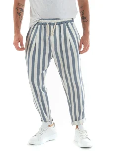 Pantaloni Uomo Pantalaccio Cotone Viscosa Lungo Jogger Casual Con Coulisse Con Elastico Rigato Blu GIOSAL-P5876A