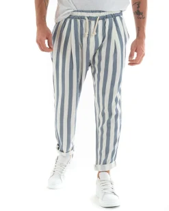 Pantaloni Uomo Pantalaccio Cotone Viscosa Lungo Jogger Casual Con Coulisse Con Elastico Rigato Blu GIOSAL-P5876A