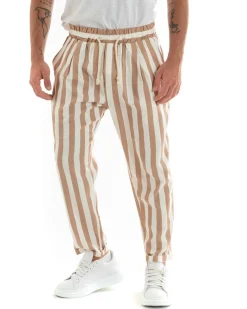 Pantaloni Uomo Pantalaccio Cotone Viscosa Lungo Jogger Casual Con Coulisse Con Elastico Rigato Beige GIOSAL-P5878A