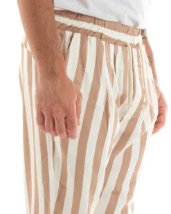 Pantaloni Uomo Pantalaccio Cotone Viscosa Lungo Jogger Casual Con Coulisse Con Elastico Rigato Beige GIOSAL-P5878A