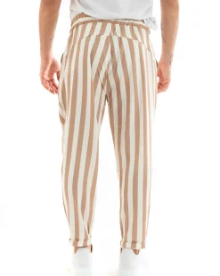 Pantaloni Uomo Pantalaccio Cotone Viscosa Lungo Jogger Casual Con Coulisse Con Elastico Rigato Beige GIOSAL-P5878A