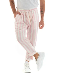 Pantaloni Uomo Pantalaccio Cotone Viscosa Lungo Jogger Casual Con Coulisse Con Elastico Rigato Rosa GIOSAL-P5873A