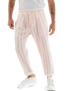 Pantaloni Uomo Pantalaccio Cotone Viscosa Lungo Jogger Casual Con Coulisse Con Elastico Rigato Rosa GIOSAL-P5873A