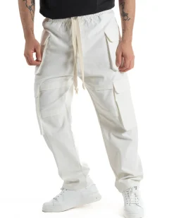 Pantaloni Uomo Pantalaccio Con Tasconi Cargo Baggy Bianco Con Coulisse Fondo Largo GIOSAL-P6007A