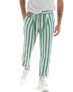 Pantaloni Uomo Pantalaccio Cotone Viscosa Lungo Jogger Casual Con Coulisse Con Elastico Rigato Verde GIOSAL-P5875A