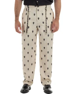 Pantaloni uomo pantalaccio lino ricamo cropped fit beige BERNA M-261402