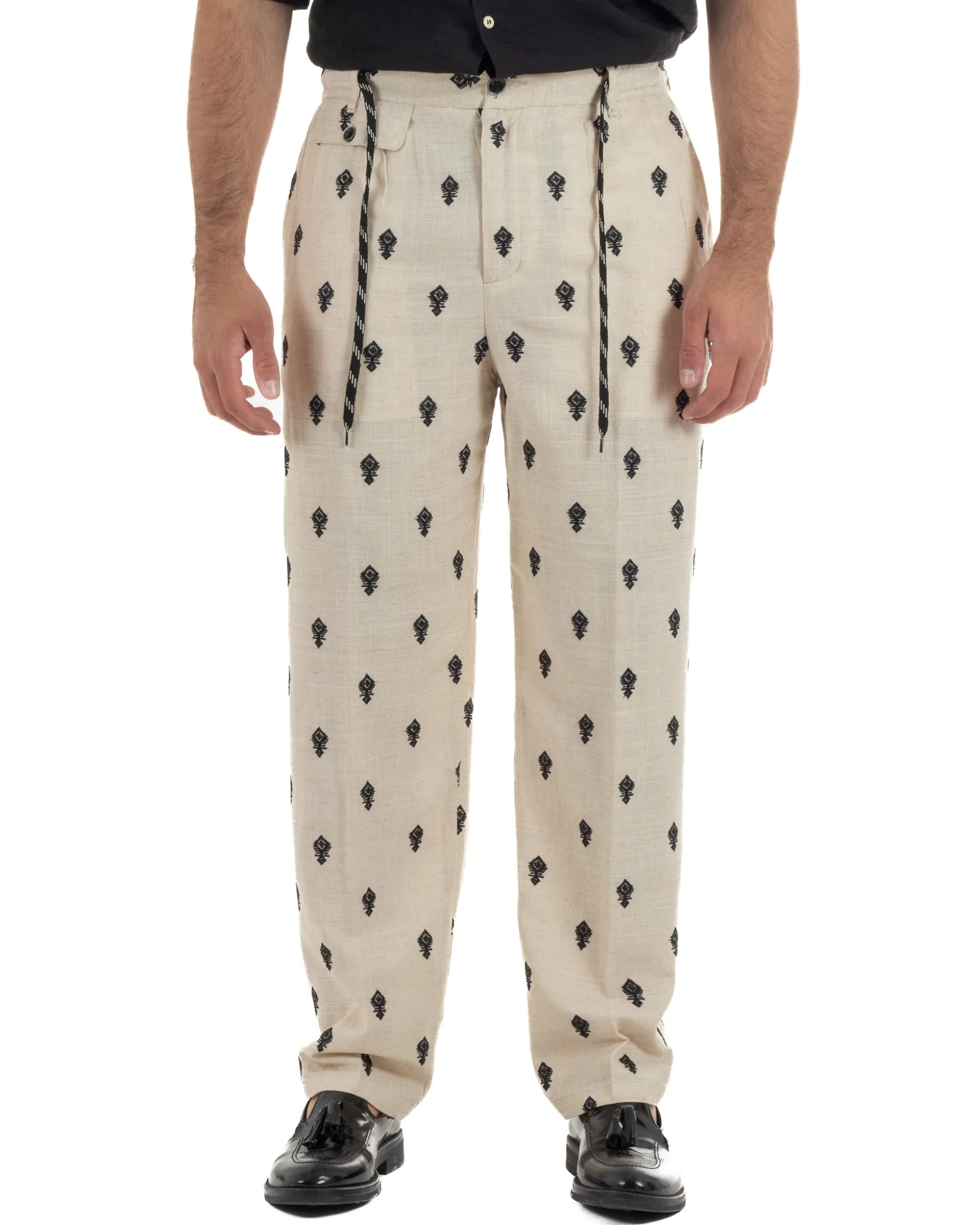 Pantaloni uomo pantalaccio lino ricamo cropped fit beige BERNA M-261402