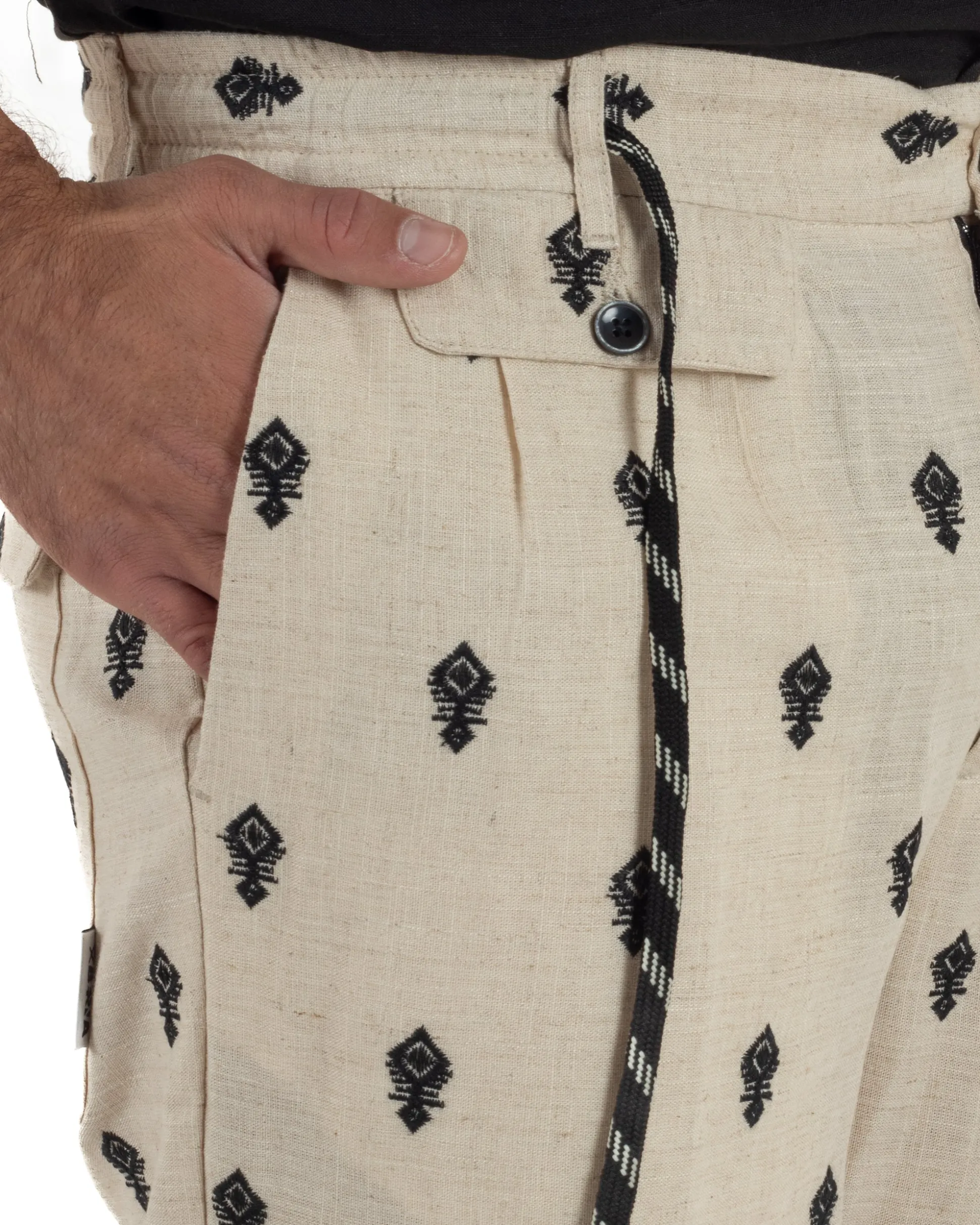 Pantaloni uomo pantalaccio lino ricamo cropped fit beige BERNA M-261402