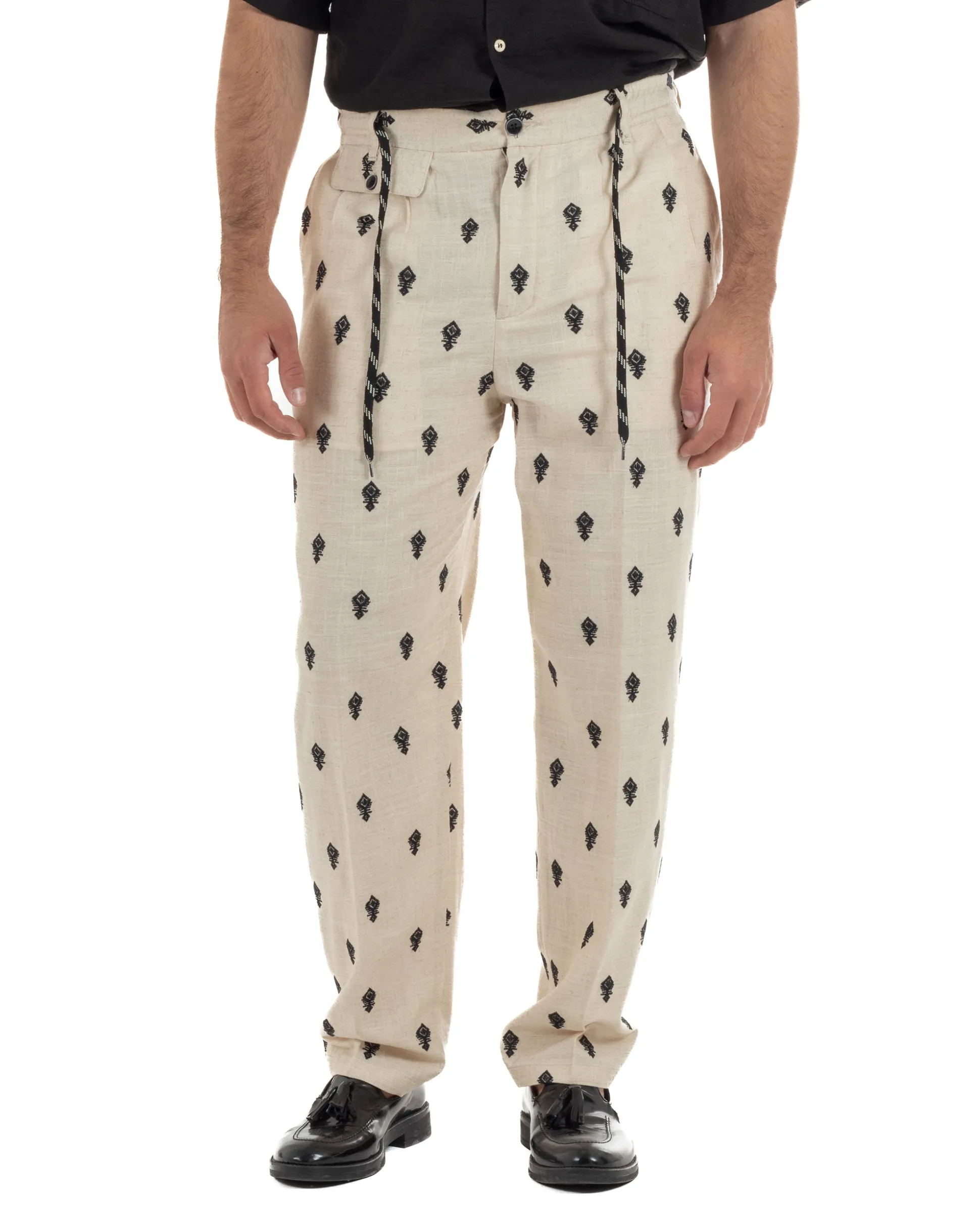 Pantaloni uomo pantalaccio lino ricamo cropped fit beige BERNA M-261402