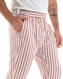 Pantaloni Uomo Pantalaccio Lungo Coulisse Elastico Cotone Viscosa Rigato Rosa GIOSAL-P5872A