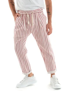 Pantaloni Uomo Pantalaccio Lungo Coulisse Elastico Cotone Viscosa Rigato Rosa GIOSAL-P5872A