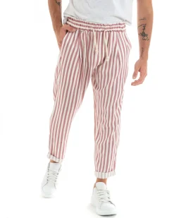 Pantaloni Uomo Pantalaccio Lungo Coulisse Elastico Cotone Viscosa Rigato Rosa GIOSAL-P5872A