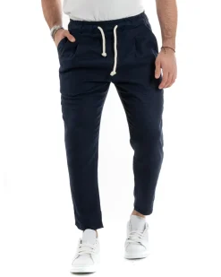 Pantaloni uomo pantalaccio lino jogger elastico blu GIOSAL-P5815A