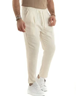 Pantaloni uomo pantalaccio lino jogger elastico beige GIOSAL-P5817A
