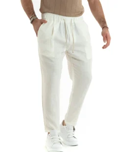 Pantaloni uomo pantalaccio lino jogger elastico bianco GIOSAL-P5818A