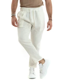 Pantaloni uomo pantalaccio lino jogger elastico bianco GIOSAL-P5818A