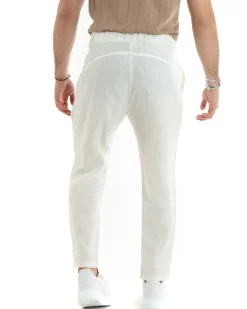 Pantaloni uomo pantalaccio lino jogger elastico bianco GIOSAL-P5818A