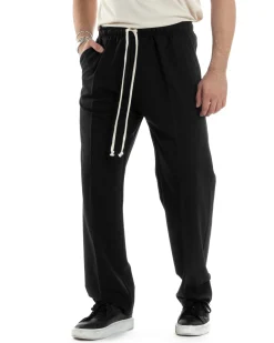 Pantaloni Uomo Pantalaccio Morbido Viscosa Baggy Fondo Largo Nero P6089A