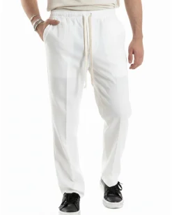 Pantaloni Uomo Pantalaccio Morbido Viscosa Baggy Fondo Largo Bianco P6223A