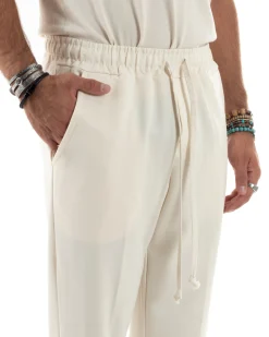 Pantaloni Uomo Pantalaccio Morbido Coulisse Viscosa Invernale Panna P6155A