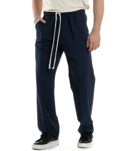 Pantaloni Uomo Pantalaccio Morbido Viscosa Baggy Fondo Largo Blu P6091A