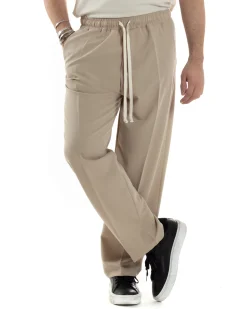 Pantaloni Uomo Pantalaccio Morbido Viscosa Baggy Fondo Largo Beige P6090A