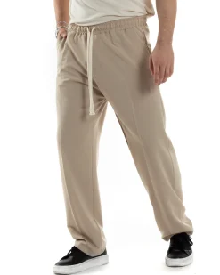 Pantaloni Uomo Pantalaccio Morbido Viscosa Baggy Fondo Largo Beige P6090A