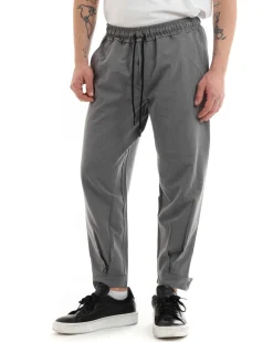 Pantaloni Uomo Pantalaccio Viscosa Jogger Con Tasche America Con Elastico Casual Tinta Unita Grigio GIOSAL-P5644A