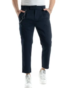 Pantaloni Uomo Tasca America Viscosa Abbottonatura Allungata Capri Casual Blu GIOSAL-P6059A