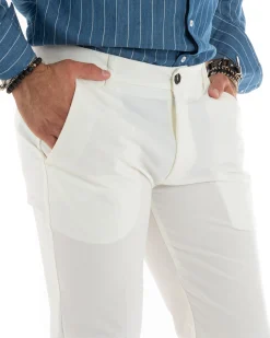 Pantaloni Uomo Tasca America Chinos Lungo Classico Slim Casual Tinta Unita Bianco GIOSAL-P6162A