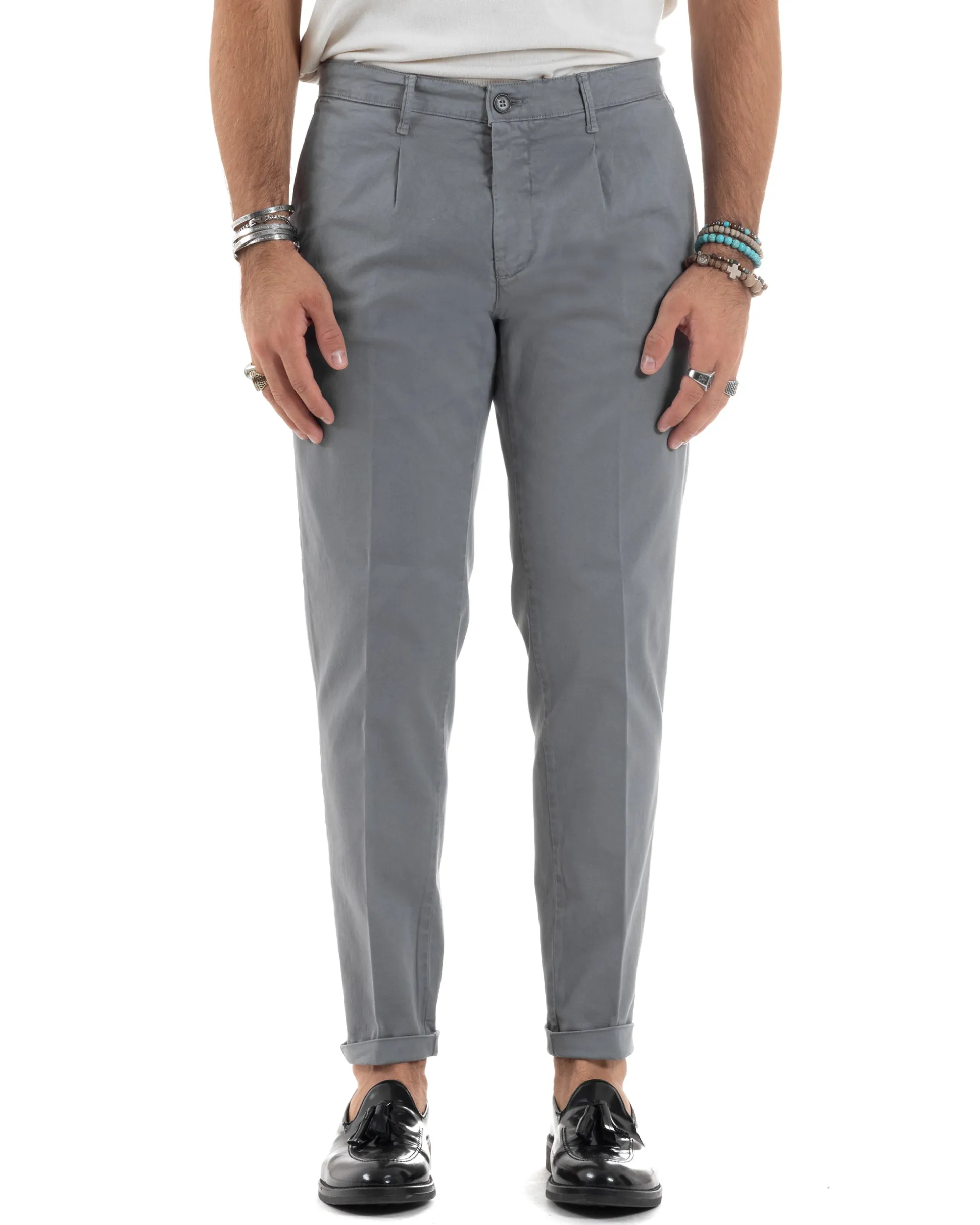 Pantaloni Uomo Tasca America Chinos Cotone Invernale Capri Basic Sartoriale Slim Fit Casual Grigio GIOSAL-P6182A