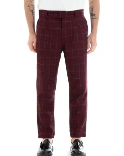 Pantaloni Uomo Tasca America Lino Classico Sartoriale Con Abbottonatura Allungata Con Pinces Scozzese Tartan Bordeaux GIOSAL-P3826A