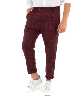 Pantaloni Uomo Tasca America Lino Classico Sartoriale Con Abbottonatura Allungata Con Pinces Scozzese Tartan Bordeaux GIOSAL-P3826A