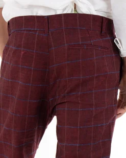 Pantaloni Uomo Tasca America Lino Classico Sartoriale Con Abbottonatura Allungata Con Pinces Scozzese Tartan Bordeaux GIOSAL-P3826A