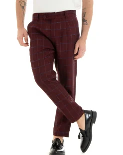 Pantaloni Uomo Tasca America Lino Classico Sartoriale Con Abbottonatura Allungata Con Pinces Scozzese Tartan Bordeaux GIOSAL-P3826A