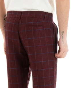 Pantaloni Uomo Tasca America Lino Classico Sartoriale Con Abbottonatura Allungata Con Pinces Scozzese Tartan Bordeaux GIOSAL-P3826A